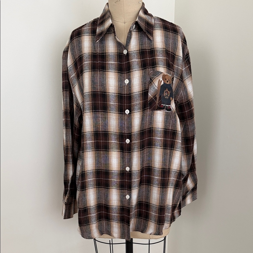 Cozy Plaid Button-Down Shirt with Bear Detail